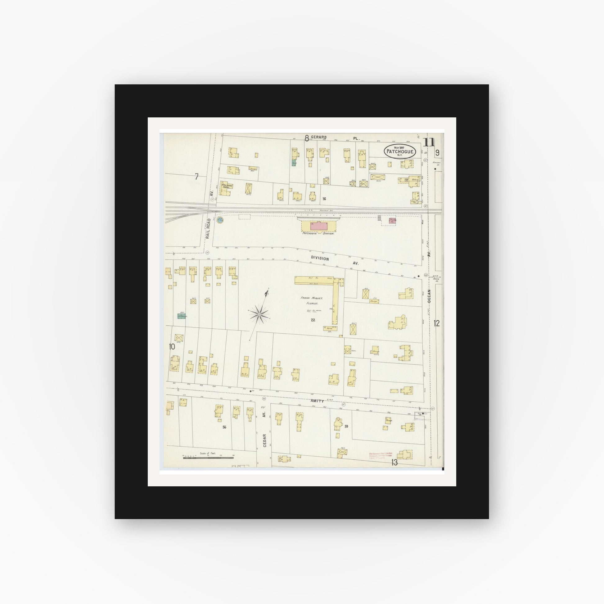 Old map wall art mockup — black gallery frame with white mat — Sanborn Fire Insurance Map from Patchogue, Suffolk County, New York (1897), Sheet #0011