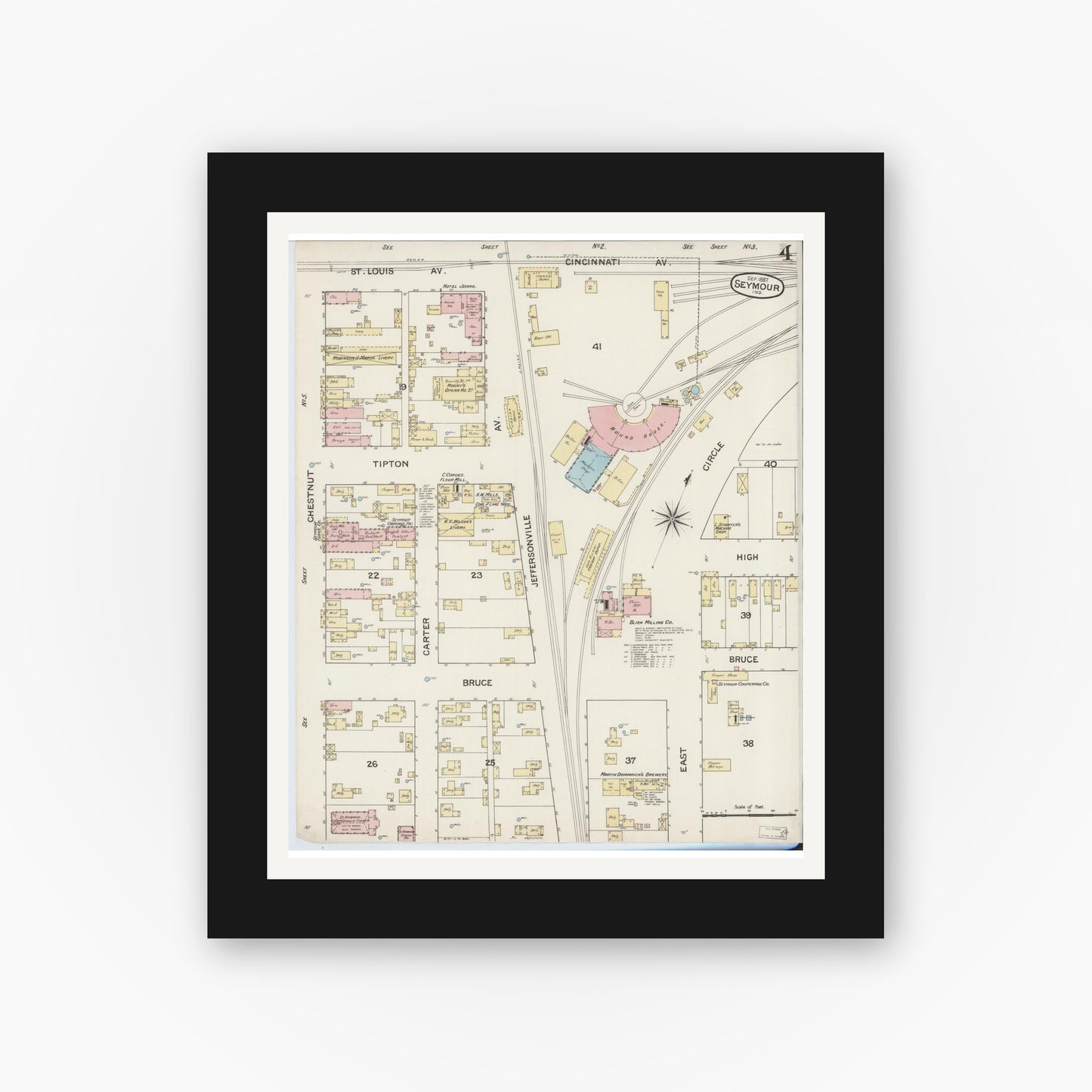 Old map wall art mockup — black gallery frame with white mat — Sanborn Fire Insurance Map from Seymour, Jackson County, Indiana (1887), Sheet #0004