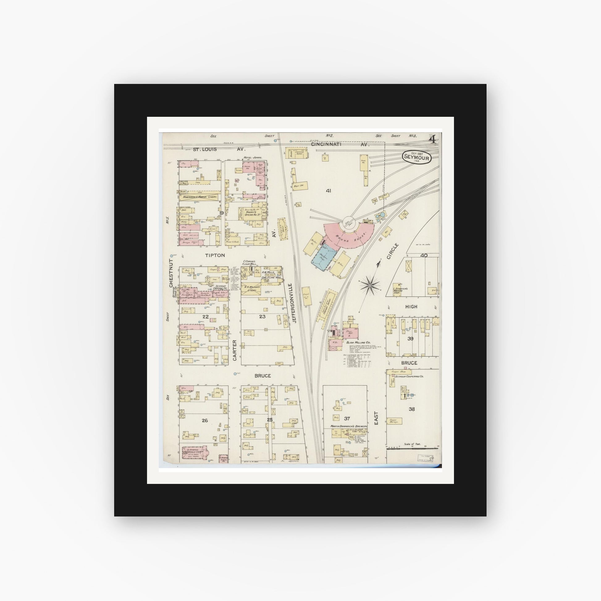 Old map wall art mockup — black gallery frame with white mat — Sanborn Fire Insurance Map from Seymour, Jackson County, Indiana (1887), Sheet #0004