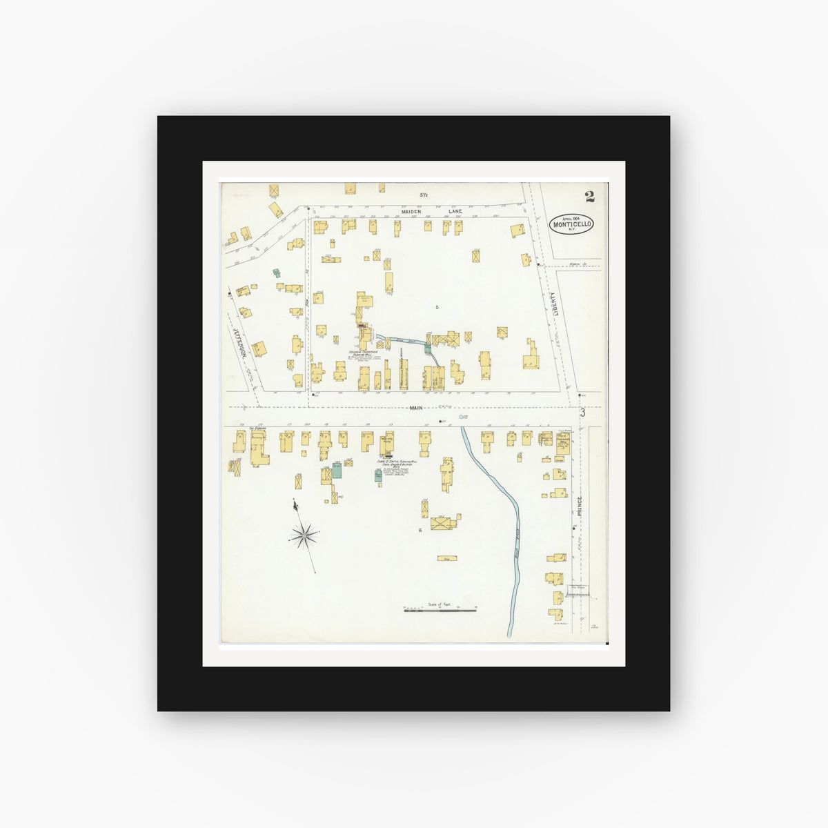 Old map wall art mockup — black gallery frame with white mat — Sanborn Fire Insurance Map from Monticello, Sullivan County, New York (1904), Sheet #0002