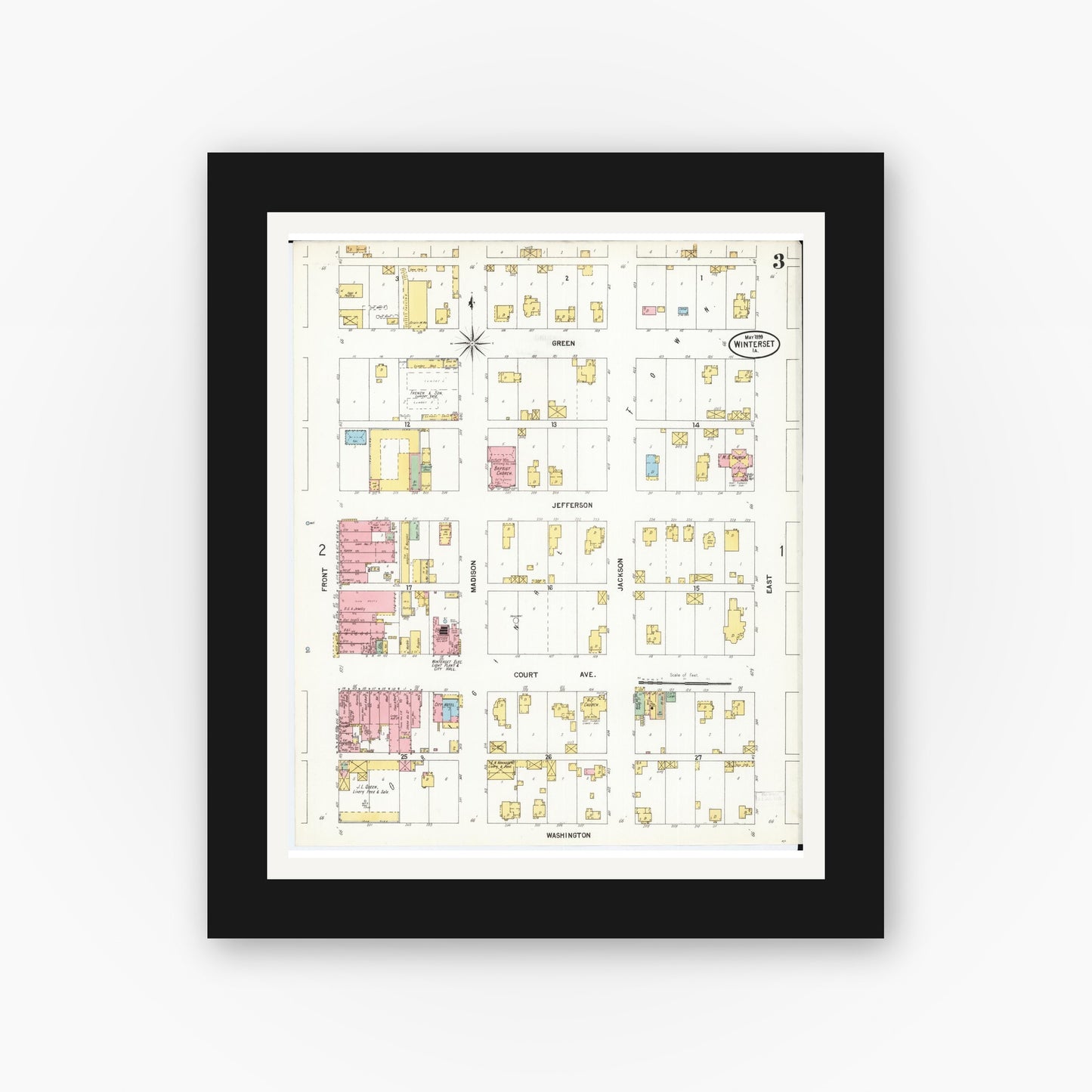 Old map wall art mockup — black gallery frame with white mat — Sanborn Fire Insurance Map from Winterset, Madison County, Iowa (1899), Sheet #0003
