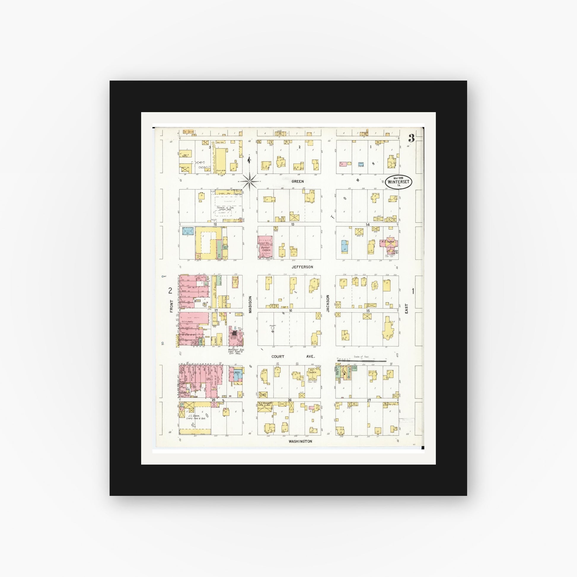 Old map wall art mockup — black gallery frame with white mat — Sanborn Fire Insurance Map from Winterset, Madison County, Iowa (1899), Sheet #0003