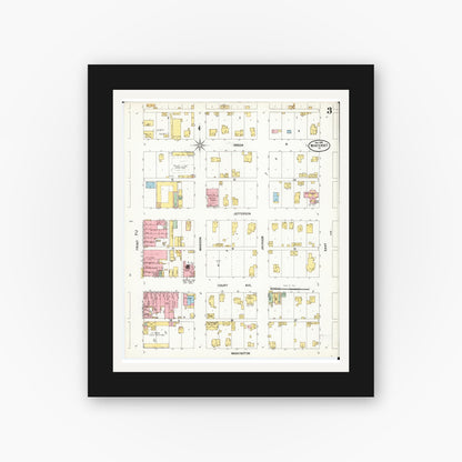 Old map wall art mockup — black gallery frame with white mat — Sanborn Fire Insurance Map from Winterset, Madison County, Iowa (1899), Sheet #0003