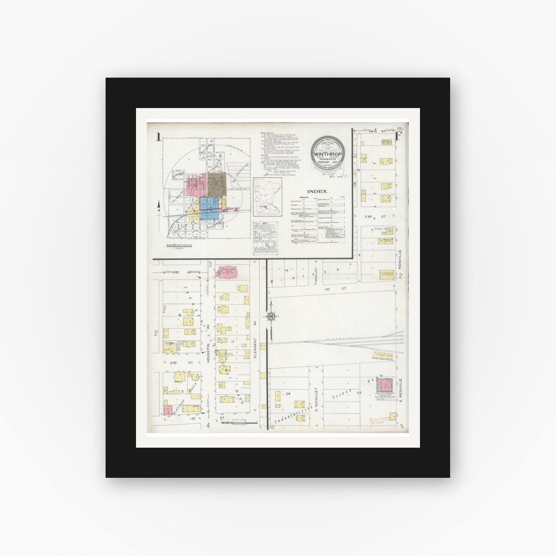 Old map wall art mockup — black gallery frame with white mat — Sanborn Fire Insurance Map from Winthrop, Sibley County, Minnesota (1930), Sheet #0001