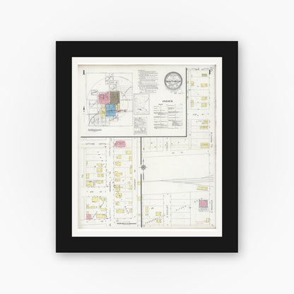 Old map wall art mockup — black gallery frame with white mat — Sanborn Fire Insurance Map from Winthrop, Sibley County, Minnesota (1930), Sheet #0001