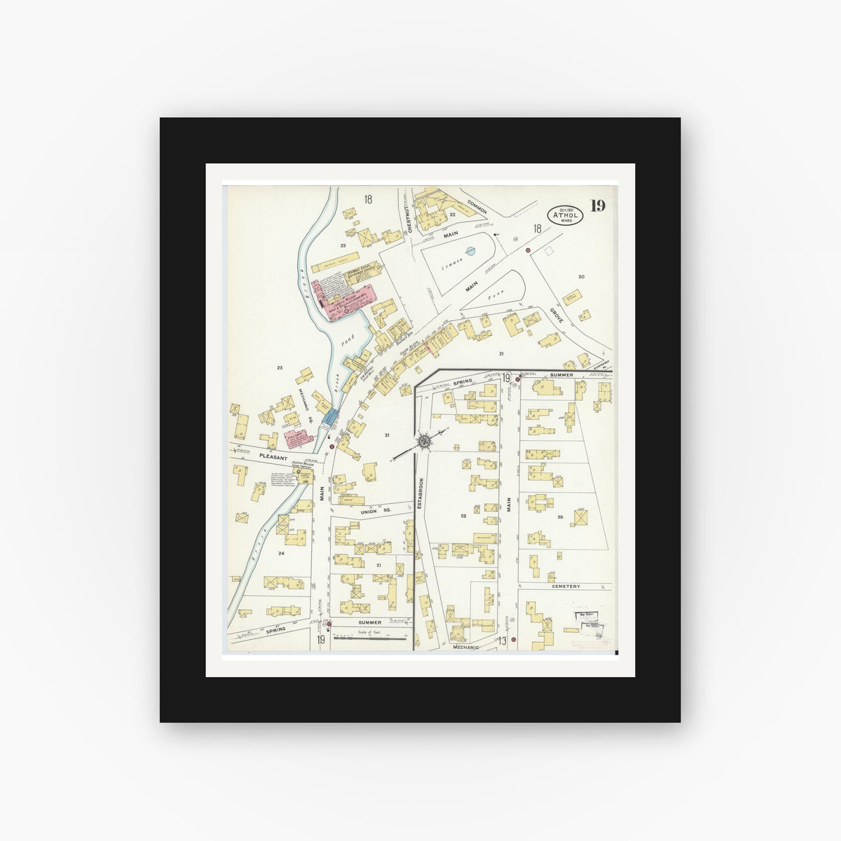 Old map wall art mockup — black gallery frame with white mat — Sanborn Fire Insurance Map from Athol, Worcester County, Massachusetts (1911), Sheet #0019