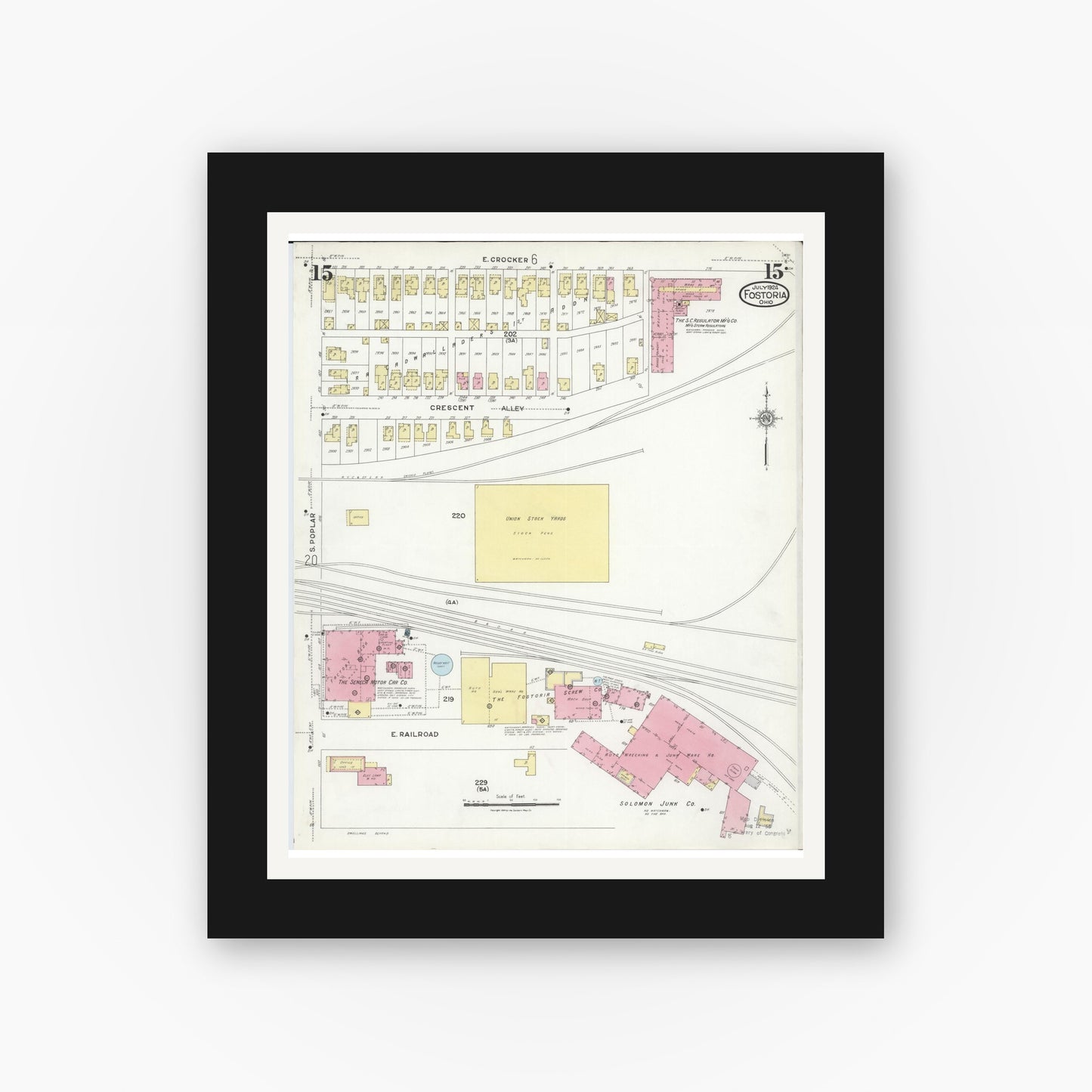 Old map wall art mockup — black gallery frame with white mat — Sanborn Fire Insurance Map from Fostoria, Seneca, Hancock, And Wood Counties, Ohio (1924), Sheet #0015