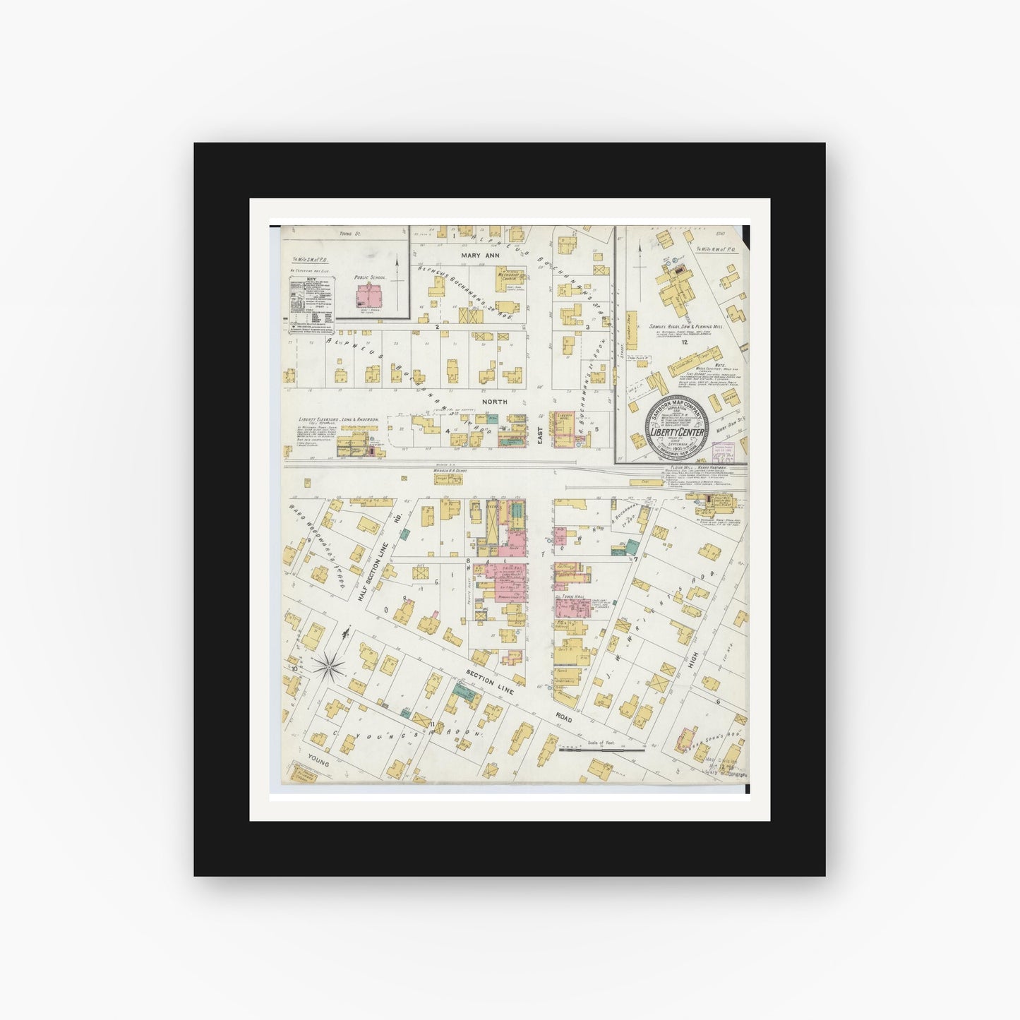 Old map wall art mockup — black gallery frame with white mat — Sanborn Fire Insurance Map from Liberty Center, Henry County, Ohio (1905), Sheet #0001