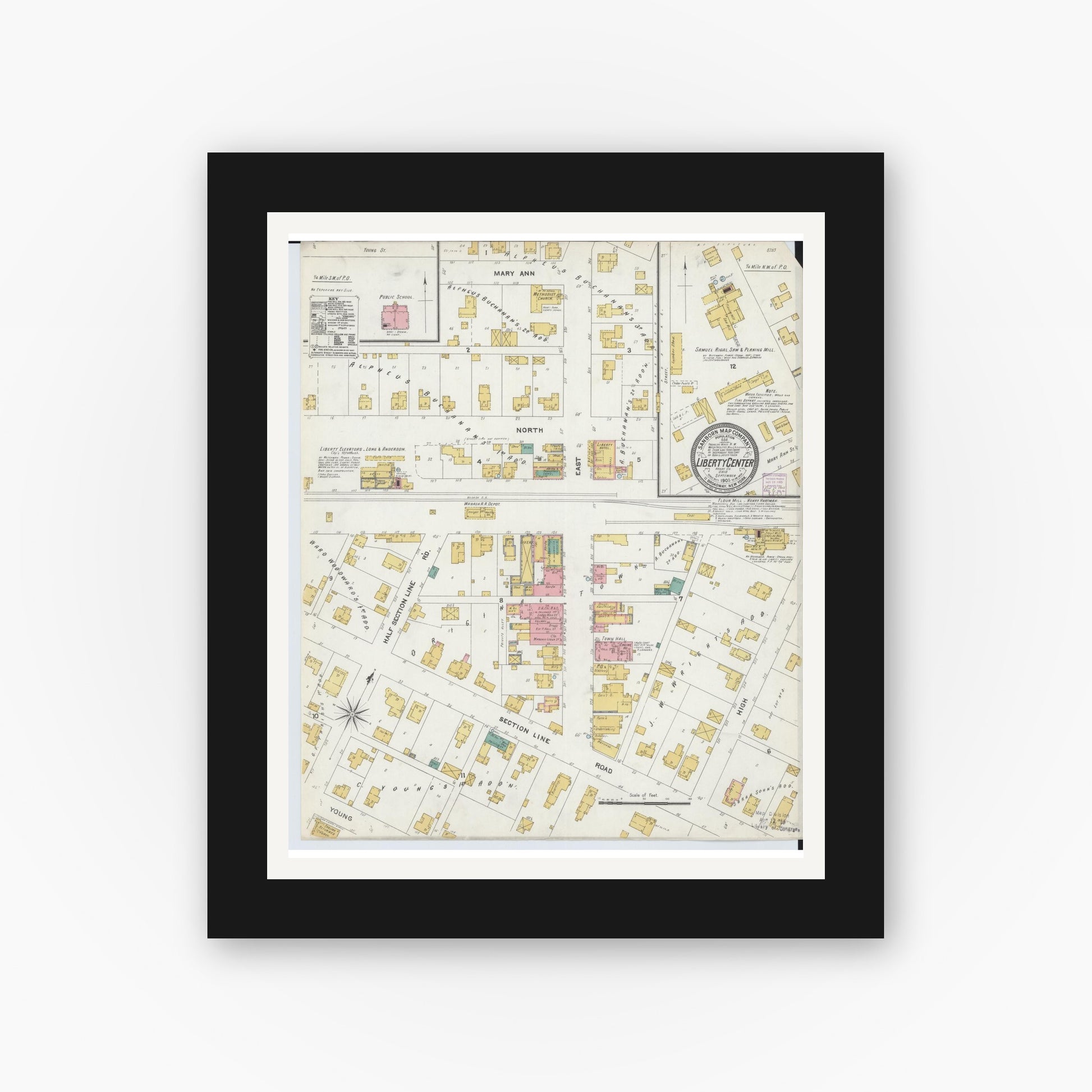 Old map wall art mockup — black gallery frame with white mat — Sanborn Fire Insurance Map from Liberty Center, Henry County, Ohio (1905), Sheet #0001