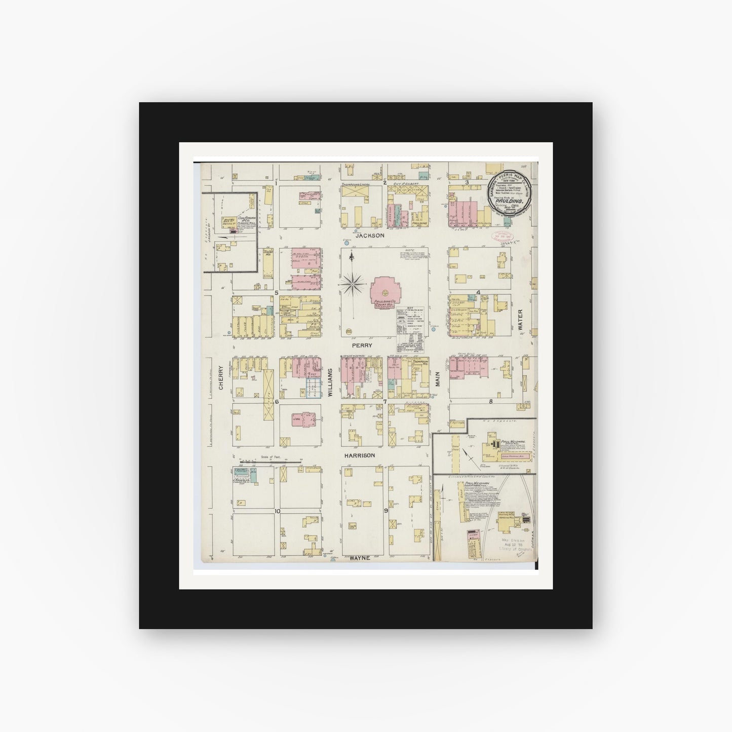 Old map wall art mockup — black gallery frame with white mat — Sanborn Fire Insurance Map from Paulding, Paulding County, Ohio (1892), Sheet #0001