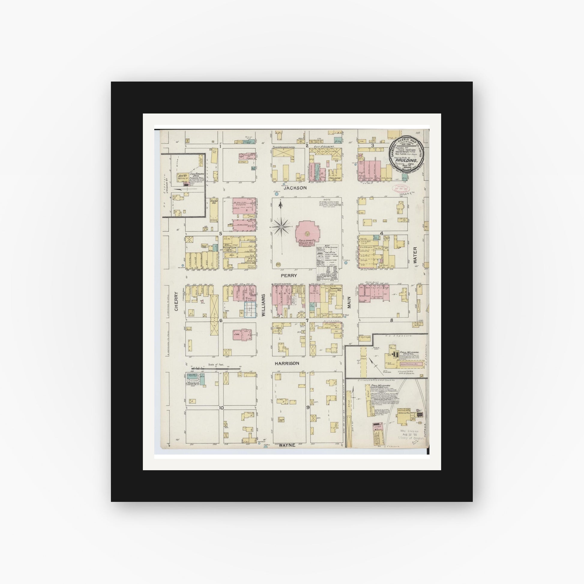 Old map wall art mockup — black gallery frame with white mat — Sanborn Fire Insurance Map from Paulding, Paulding County, Ohio (1892), Sheet #0001