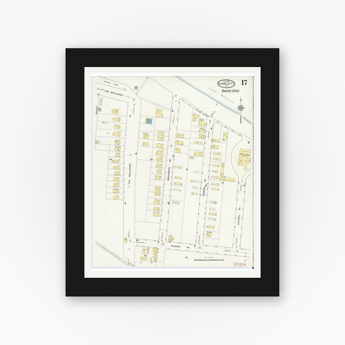 Old map wall art mockup — black gallery frame with white mat — Sanborn Fire Insurance Map from Charlotte, Monroe County, New York (1912), Sheet #0017