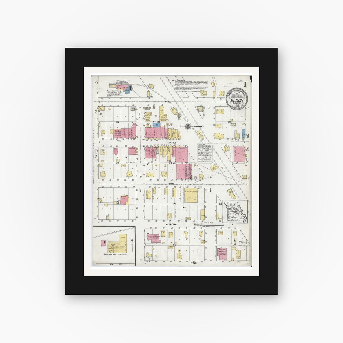 Old map wall art mockup — black gallery frame with white mat — Sanborn Fire Insurance Map from Eldon, Miller County, Missouri (1920) - Complete Map Set