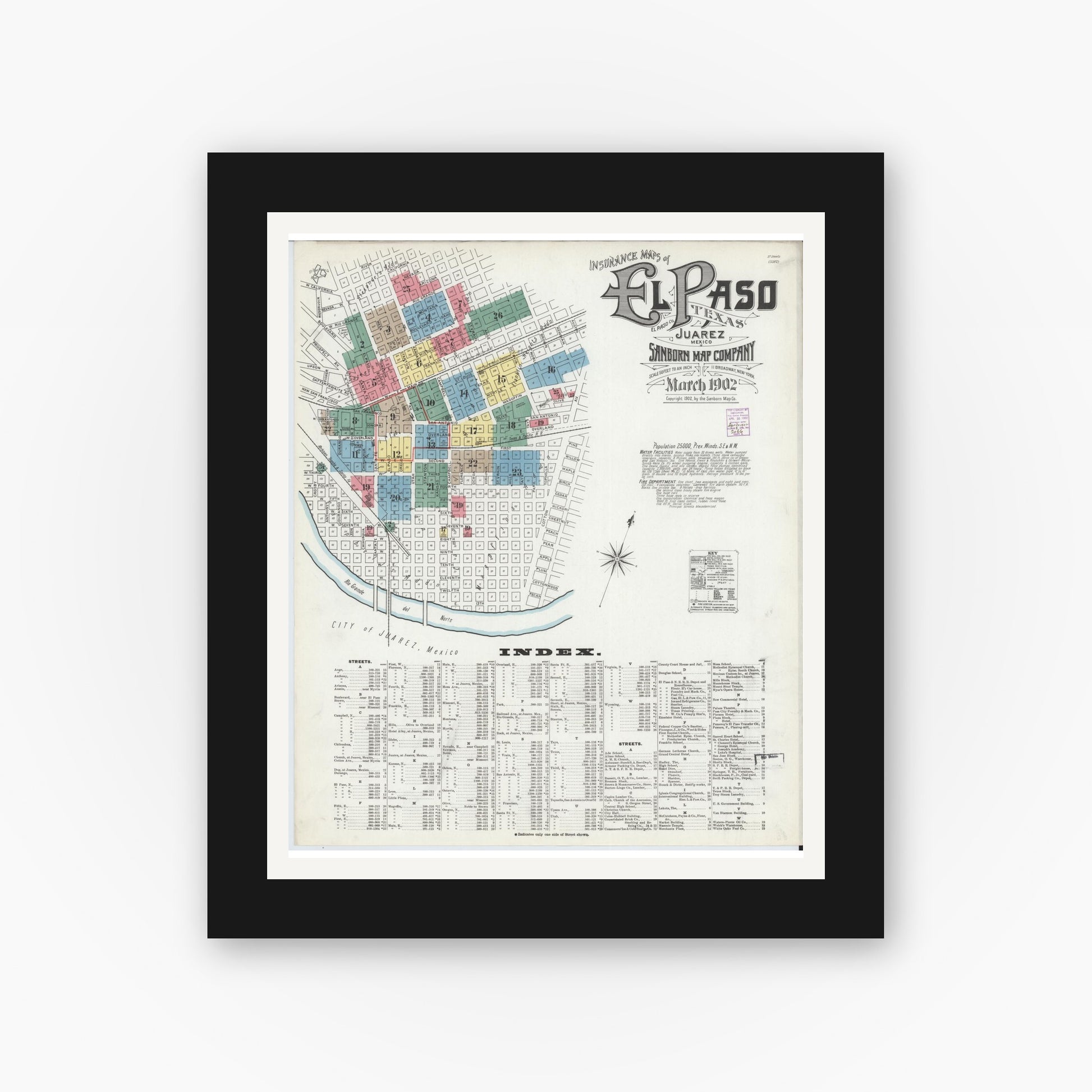 Old map wall art mockup — black gallery frame with white mat — Sanborn Fire Insurance Map from El Paso, El Paso County, Texas (1902) - Complete Map Set