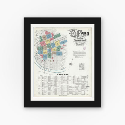 Old map wall art mockup — black gallery frame with white mat — Sanborn Fire Insurance Map from El Paso, El Paso County, Texas (1902) - Complete Map Set