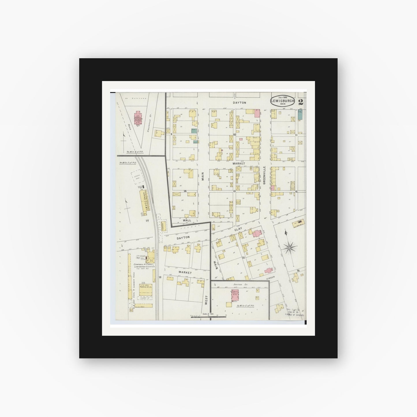 Old map wall art mockup — black gallery frame with white mat — Sanborn Fire Insurance Map from Lewisburg, Preble County, Ohio (1895), Sheet #0002