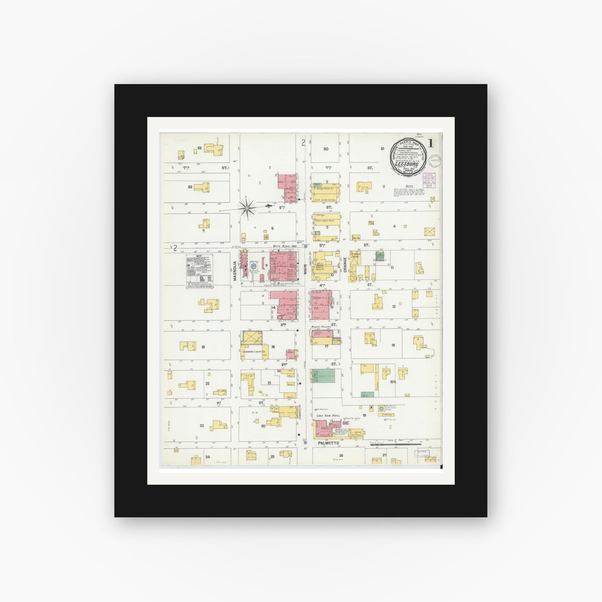 Old map wall art mockup — black gallery frame with white mat — Sanborn Fire Insurance Map from Leesburg, Lake County, Florida (1901), Sheet #0001