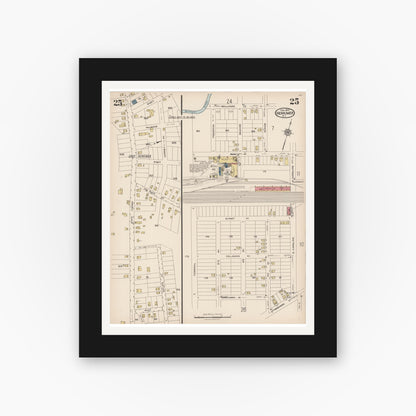 Old map wall art mockup — black gallery frame with white mat — Sanborn Fire Insurance Map from Herkimer, Herkimer County, New York (1923), Sheet #0025