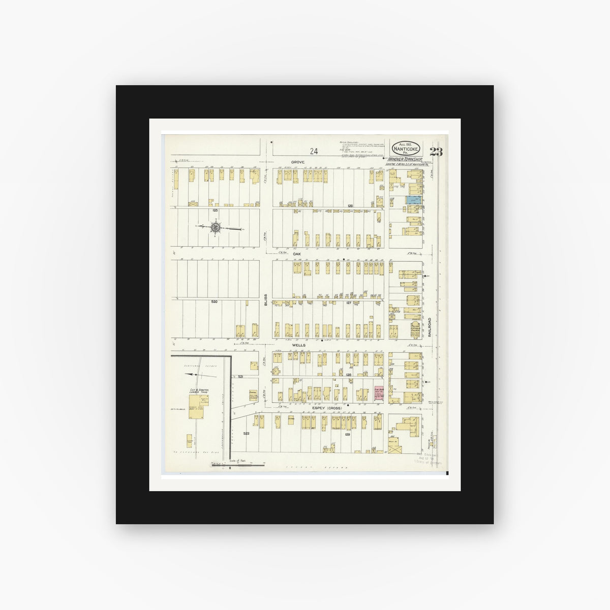 Old map wall art mockup — black gallery frame with white mat — Sanborn Fire Insurance Map from Nanticoke, Luzerne County, Pennsylvania (1912), Sheet #0023