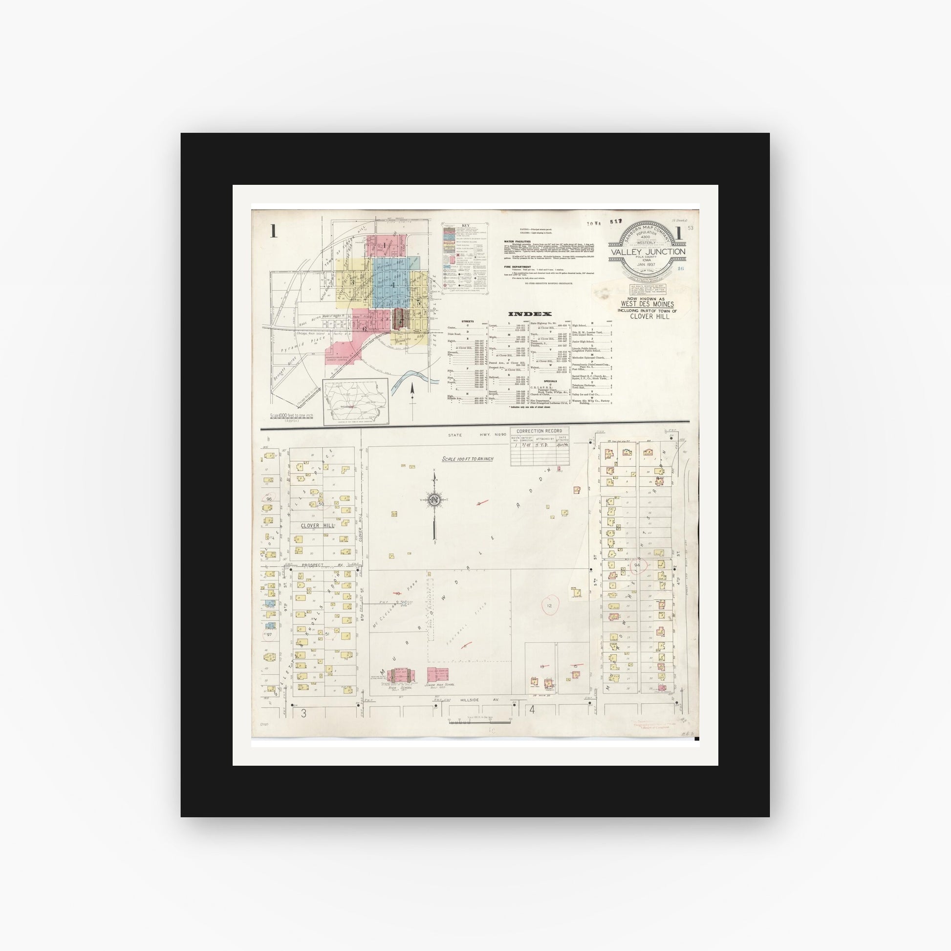 Old map wall art mockup — black gallery frame with white mat — Sanborn Fire Insurance Map from Valley Junction, Polk County, Iowa (1941), Sheet #0001