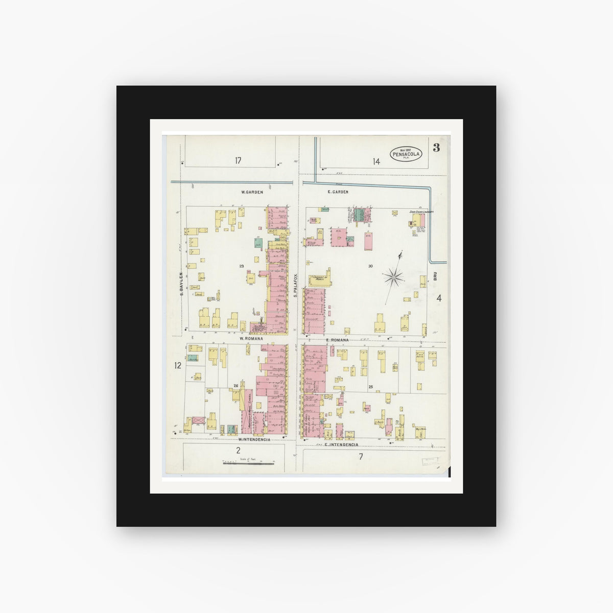Old map wall art mockup — black gallery frame with white mat — Sanborn Fire Insurance Map from Pensacola, Escambia County, Florida (1897), Sheet #0003