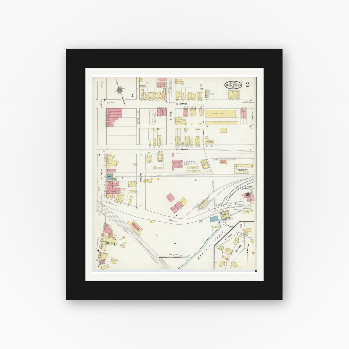 Old map wall art mockup — black gallery frame with white mat — Sanborn Fire Insurance Map from Middletown, Dauphin County, Pennsylvania (1911), Sheet #0002