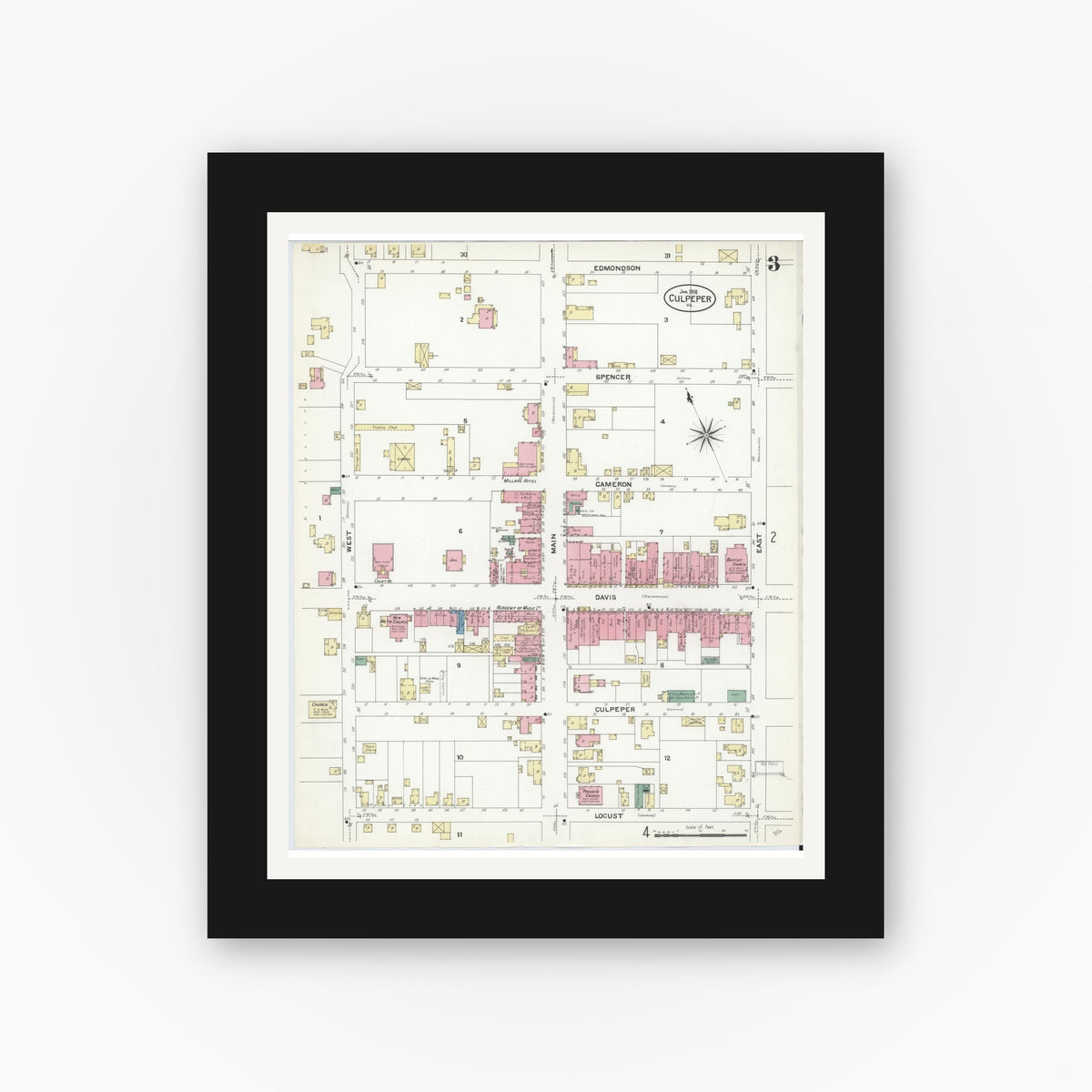 Old map wall art mockup — black gallery frame with white mat — Sanborn Fire Insurance Map from Culpeper, Culpeper County, Virginia (1908), Sheet #0003