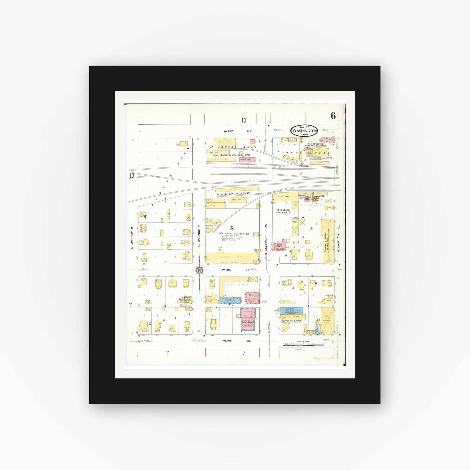 Old map wall art mockup — black gallery frame with white mat — Sanborn Fire Insurance Map from Washington, Washington County, Iowa (1917), Sheet #0006