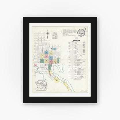 Old map wall art mockup — black gallery frame with white mat — Sanborn Fire Insurance Map from Orange, Orange County, Texas (1914) - Complete Map Set