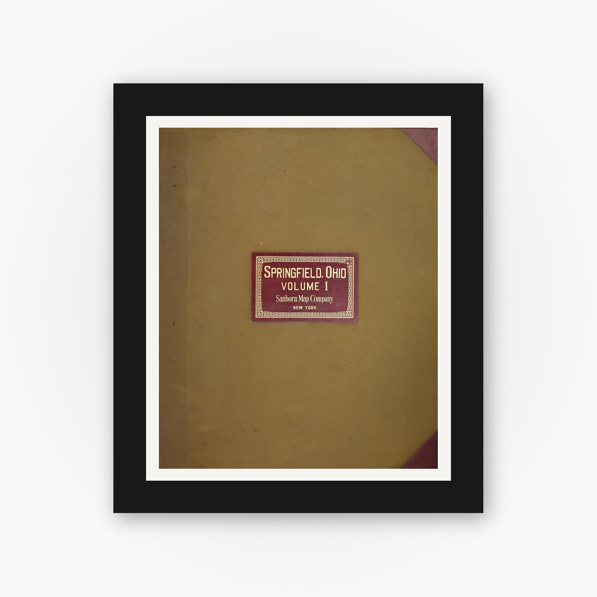 Old map wall art mockup — black gallery frame with white mat — Sanborn Fire Insurance Map from Springfield, Clark County, Ohio (1950), Sheet #0001