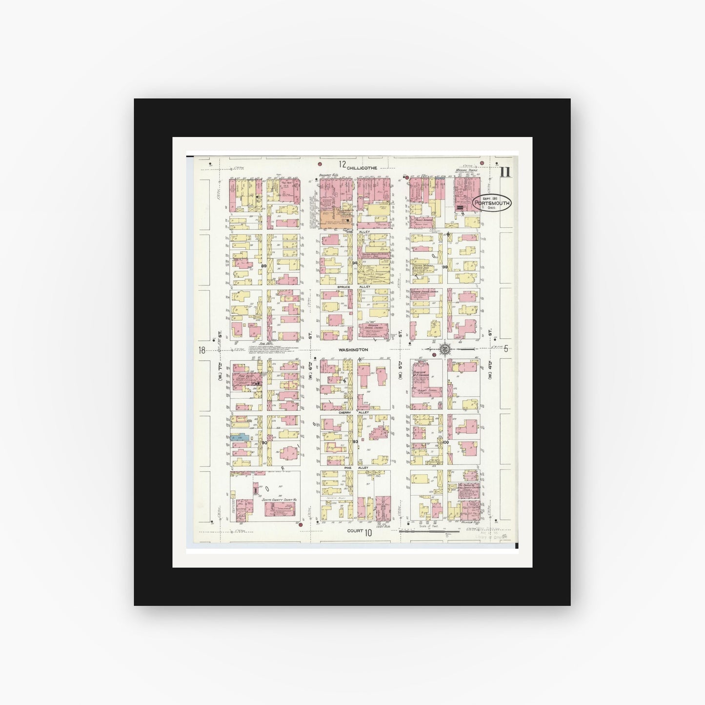 Old map wall art mockup — black gallery frame with white mat — Sanborn Fire Insurance Map from Portsmouth, Scioto County, Ohio (1911), Sheet #0011