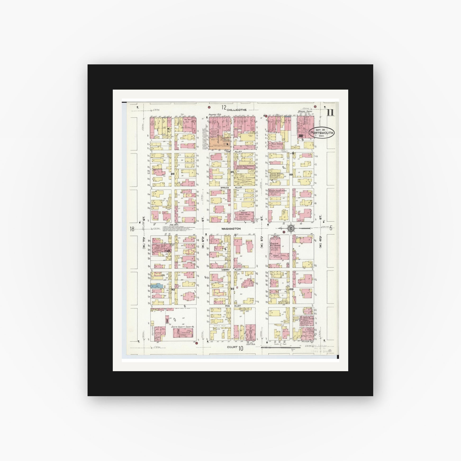 Old map wall art mockup — black gallery frame with white mat — Sanborn Fire Insurance Map from Portsmouth, Scioto County, Ohio (1911), Sheet #0011