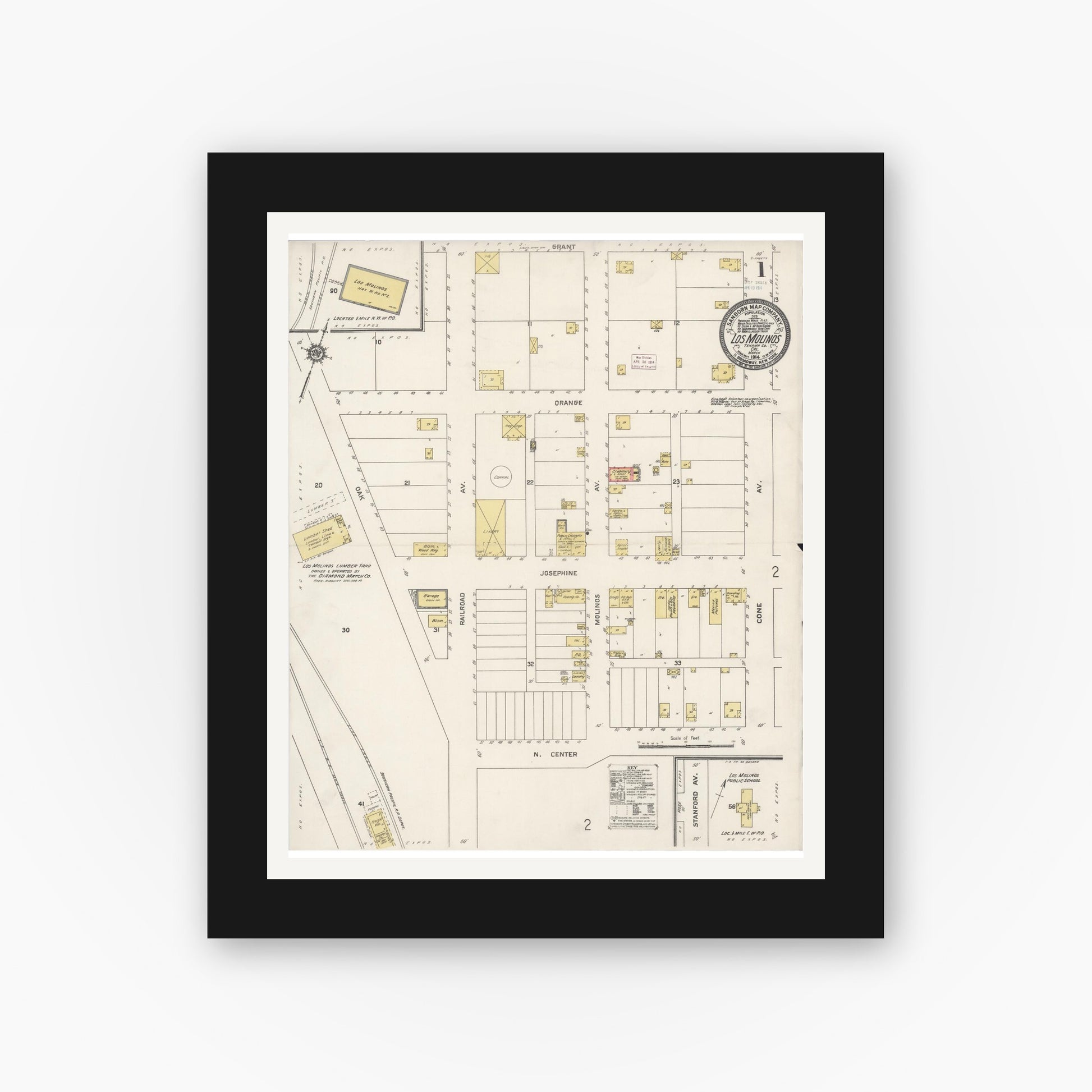 Old map wall art mockup — black gallery frame with white mat — Sanborn Fire Insurance Map from Los Molinos, Tehama County, California (1914), Sheet #0001
