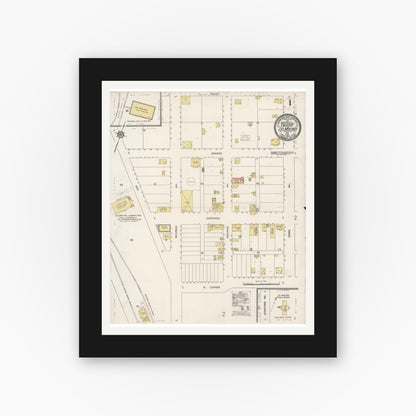 Old map wall art mockup — black gallery frame with white mat — Sanborn Fire Insurance Map from Los Molinos, Tehama County, California (1914), Sheet #0001