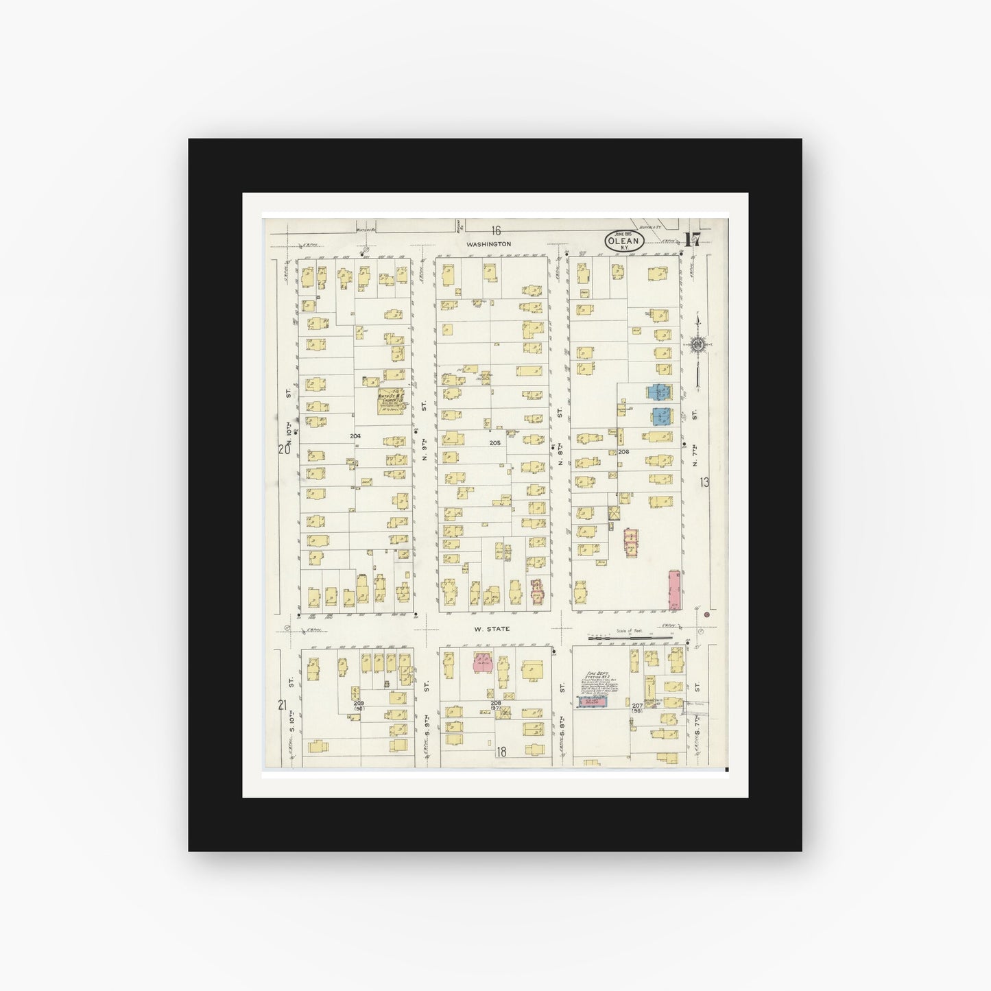 Old map wall art mockup — black gallery frame with white mat — Sanborn Fire Insurance Map from Olean, Cattaraugus County, New York (1915), Sheet #0017