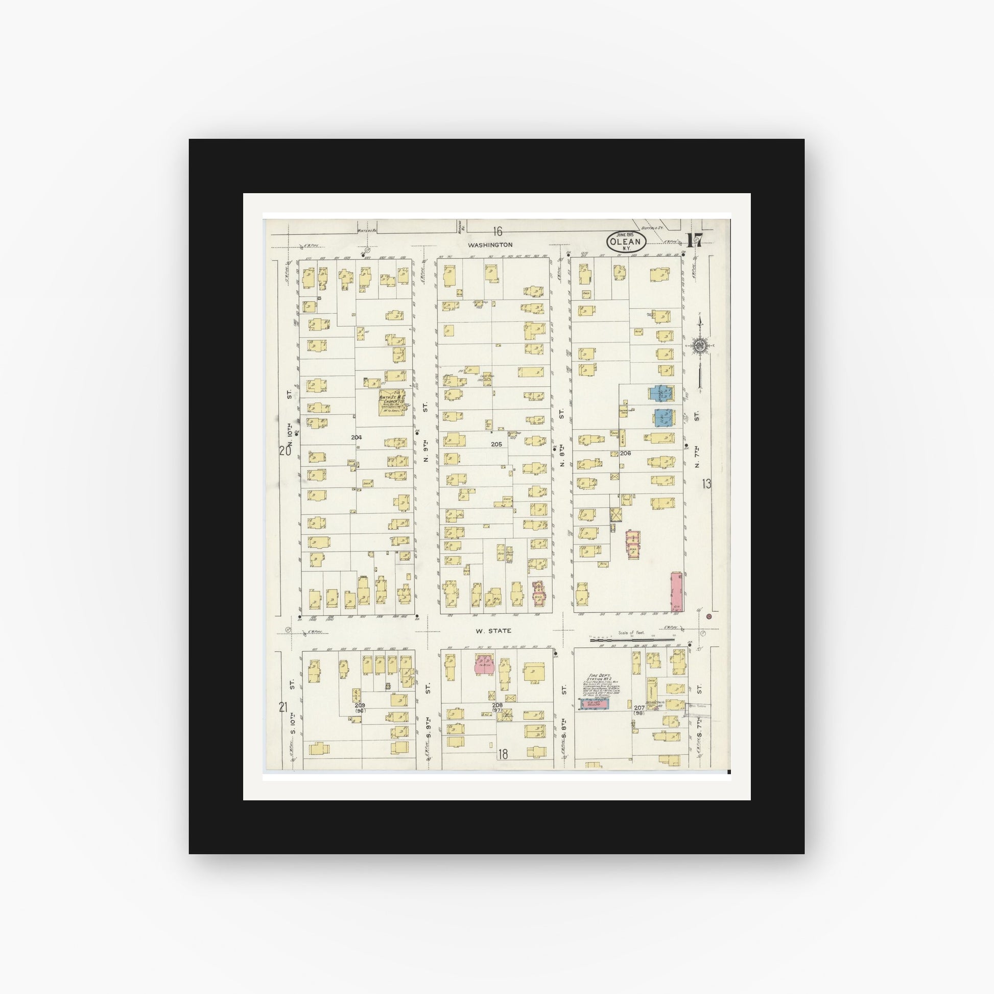 Old map wall art mockup — black gallery frame with white mat — Sanborn Fire Insurance Map from Olean, Cattaraugus County, New York (1915), Sheet #0017