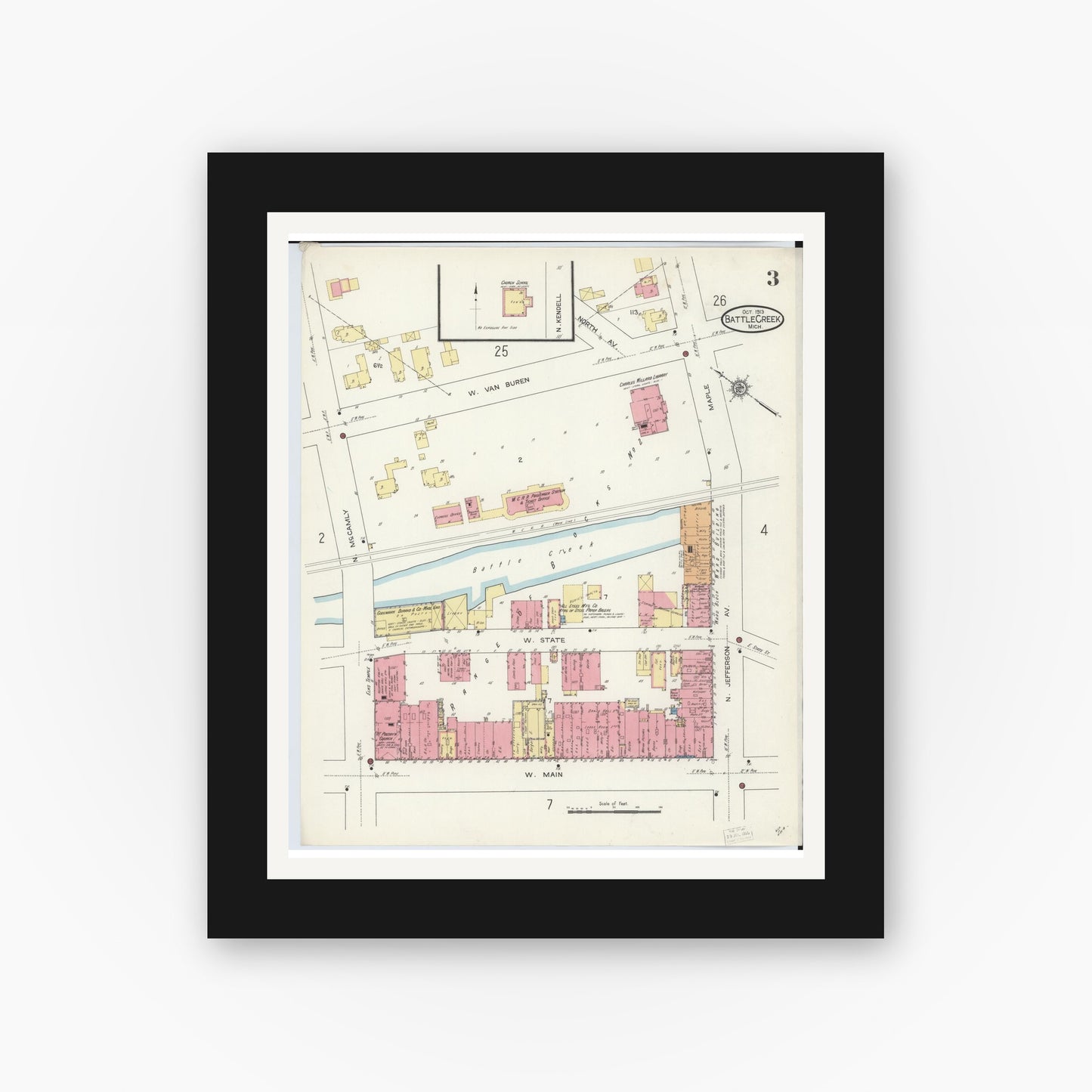 Old map wall art mockup — black gallery frame with white mat — Sanborn Fire Insurance Map from Battle Creek, Calhoun County, Michigan (1913), Sheet #0003