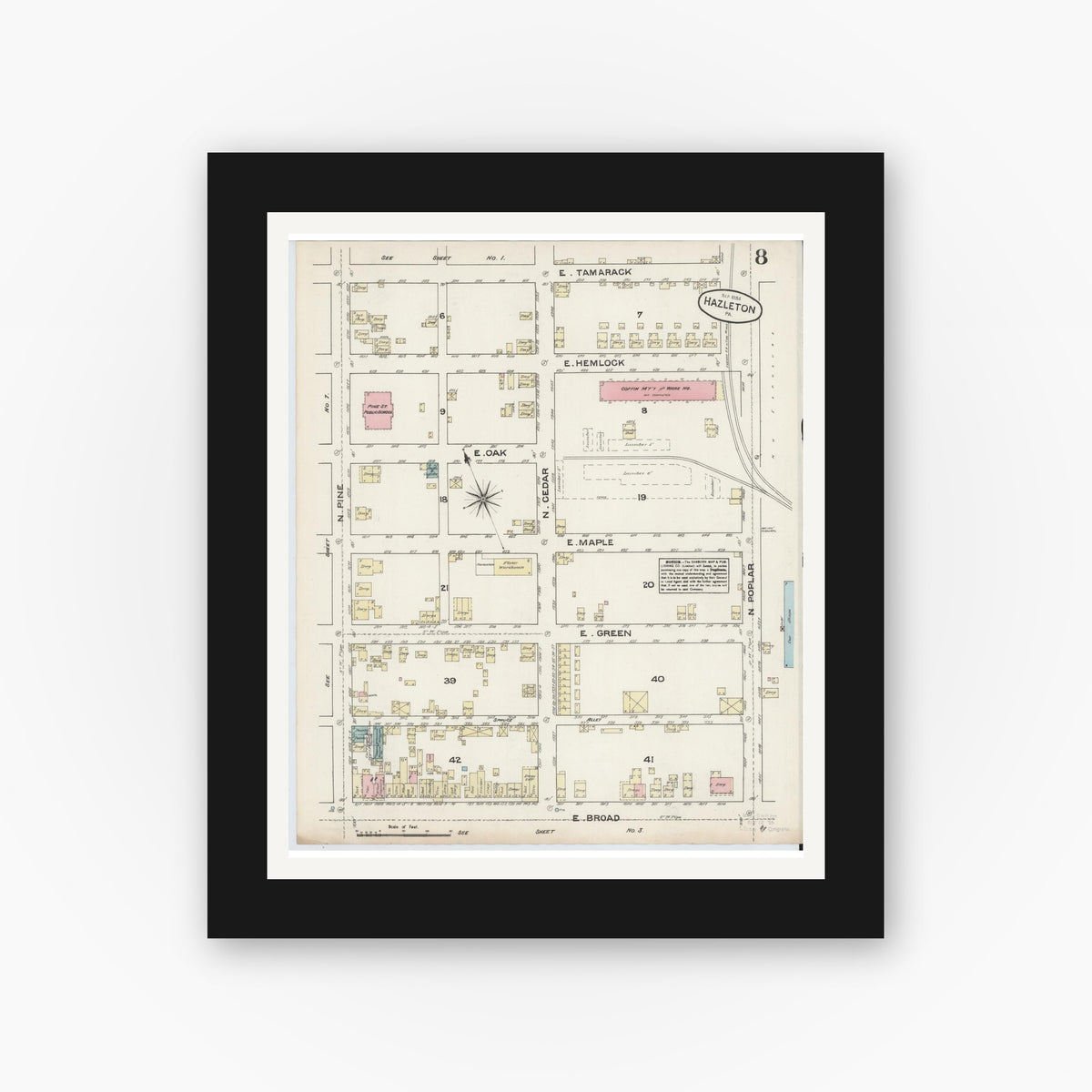 Old map wall art mockup — black gallery frame with white mat — Sanborn Fire Insurance Map from Hazleton, Luzerne County, Pennsylvania (1884), Sheet #0008