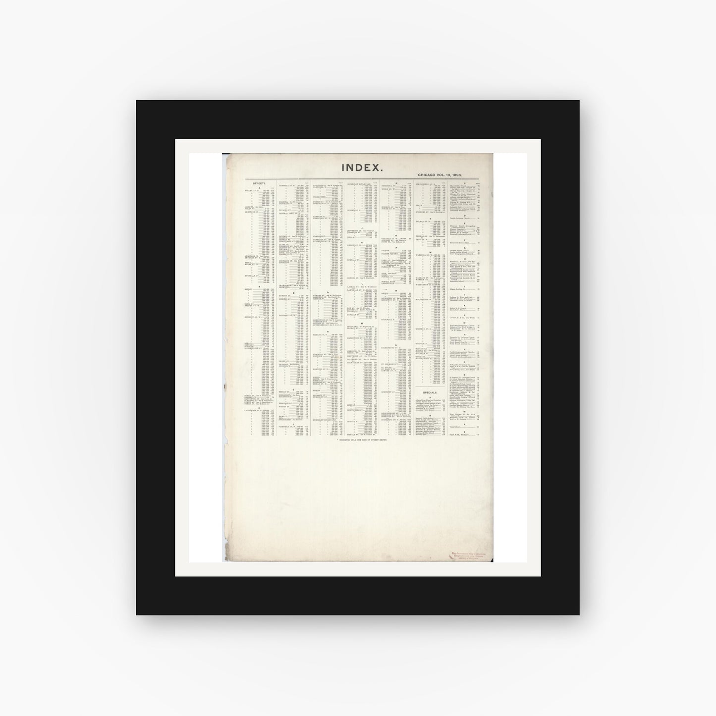 Old map wall art mockup — black gallery frame with white mat — Sanborn Fire Insurance Map from Chicago, Cook County, Illinois (1896), Sheet #0001