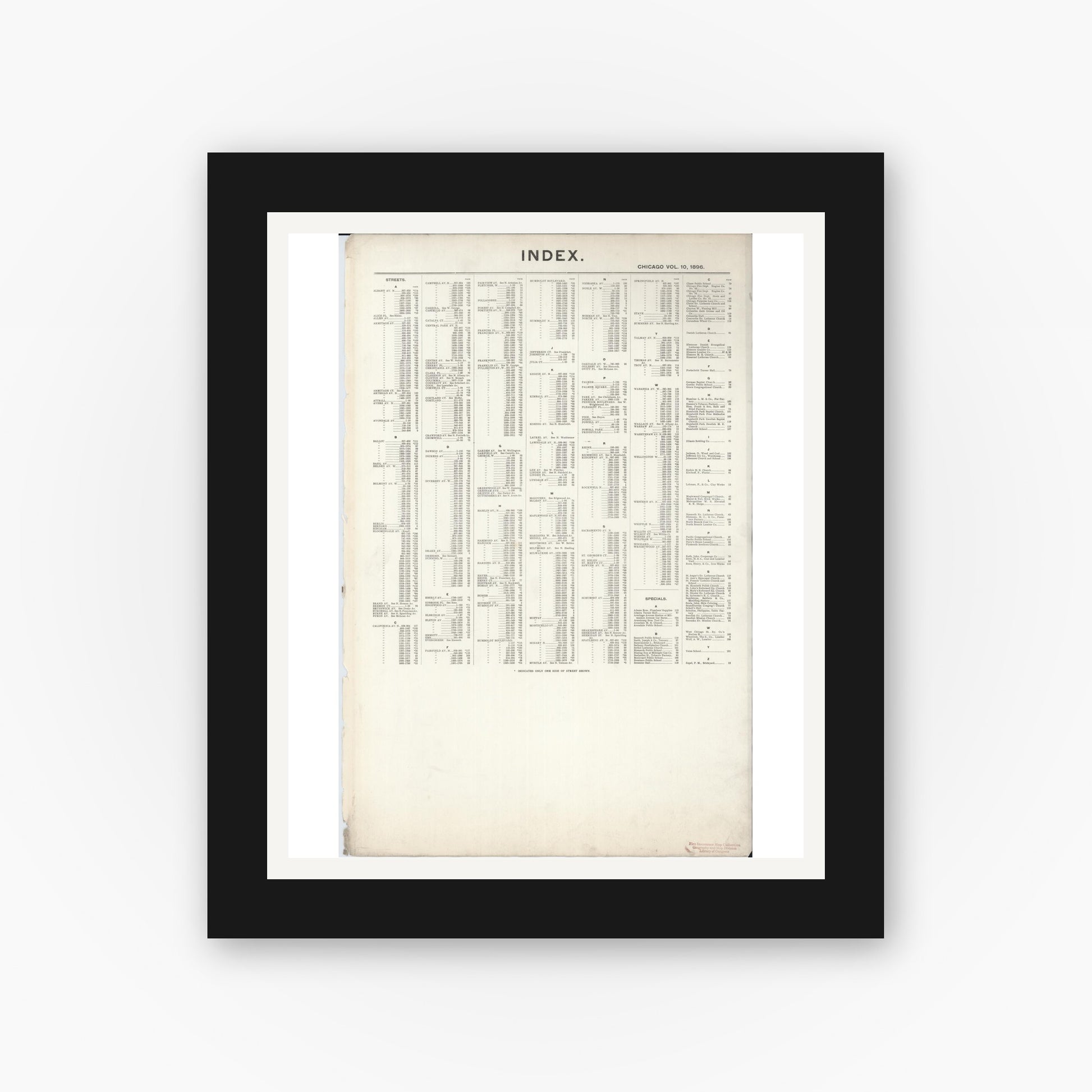 Old map wall art mockup — black gallery frame with white mat — Sanborn Fire Insurance Map from Chicago, Cook County, Illinois (1896), Sheet #0001