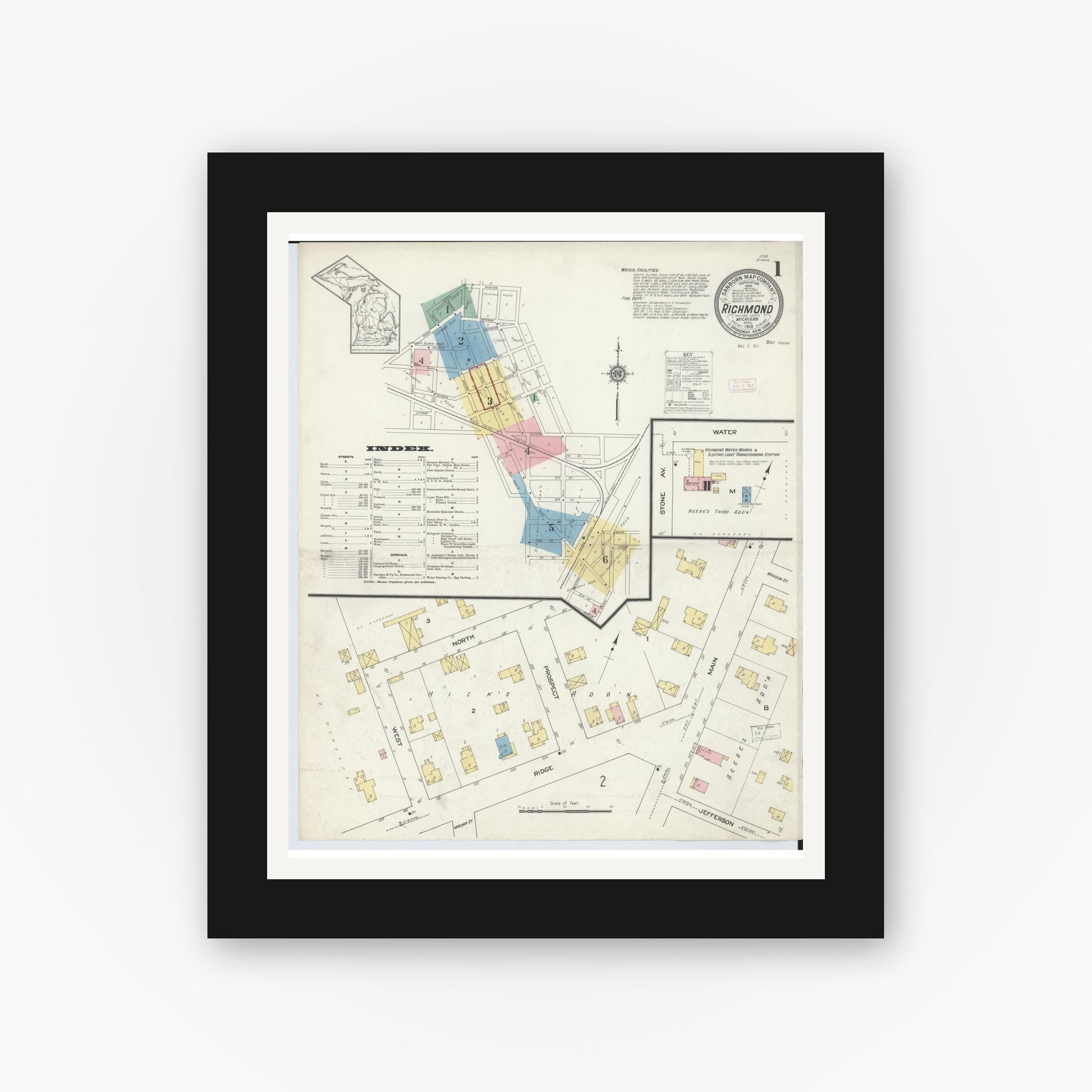 Old map wall art mockup — black gallery frame with white mat — Sanborn Fire Insurance Map from Richmond, Macomb County, Michigan (1913) - Complete Map Set