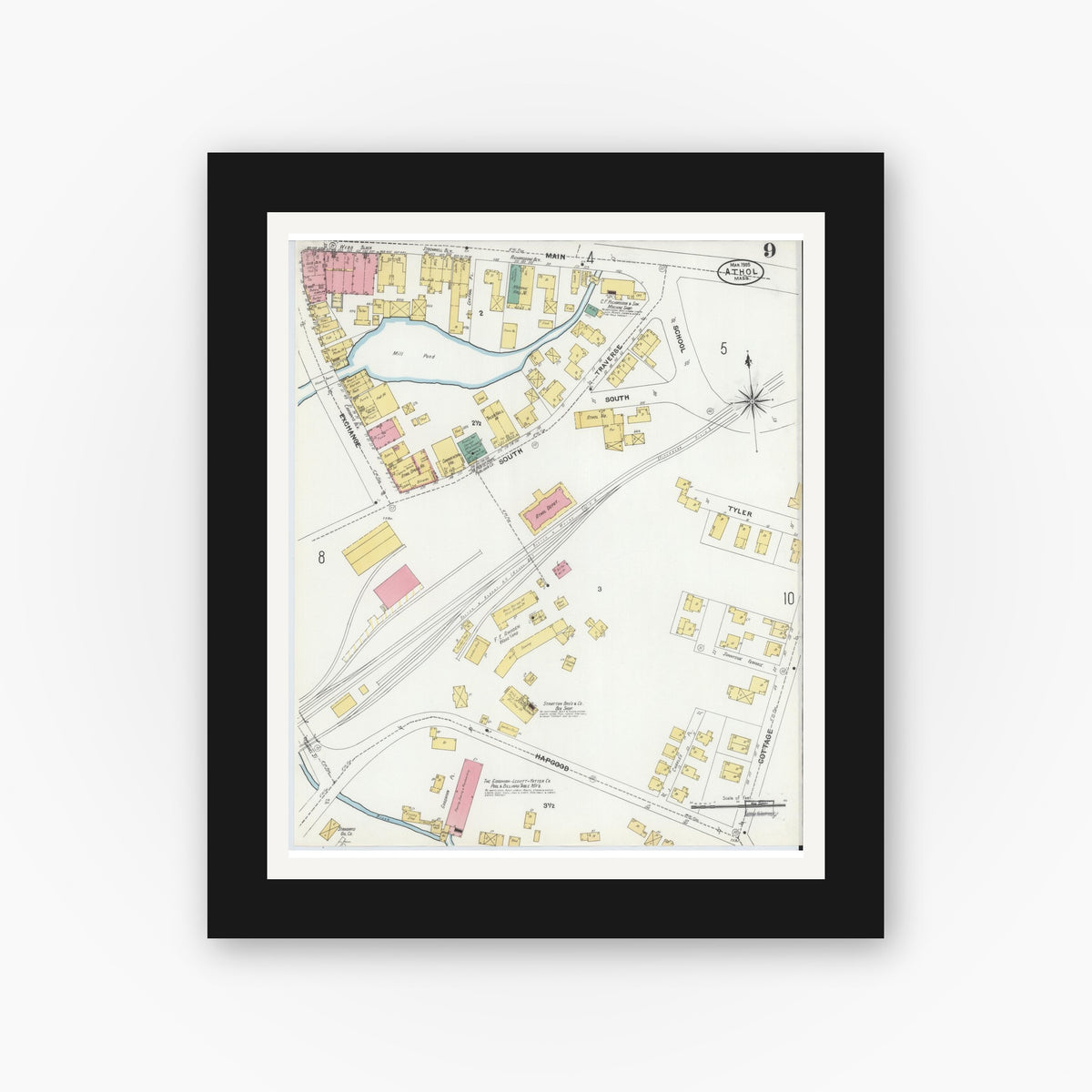 Old map wall art mockup — black gallery frame with white mat — Sanborn Fire Insurance Map from Athol, Worcester County, Massachusetts (1905), Sheet #0009
