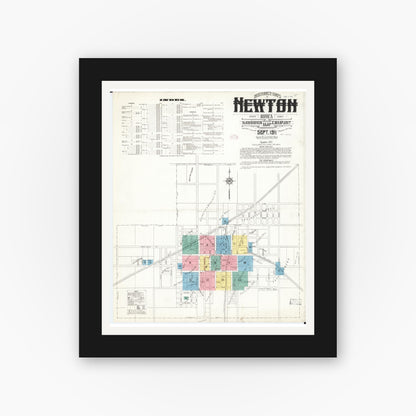 Old map wall art mockup — black gallery frame with white mat — Sanborn Fire Insurance Map from Newton, Jasper County, Iowa (1911) â€” Complete Set