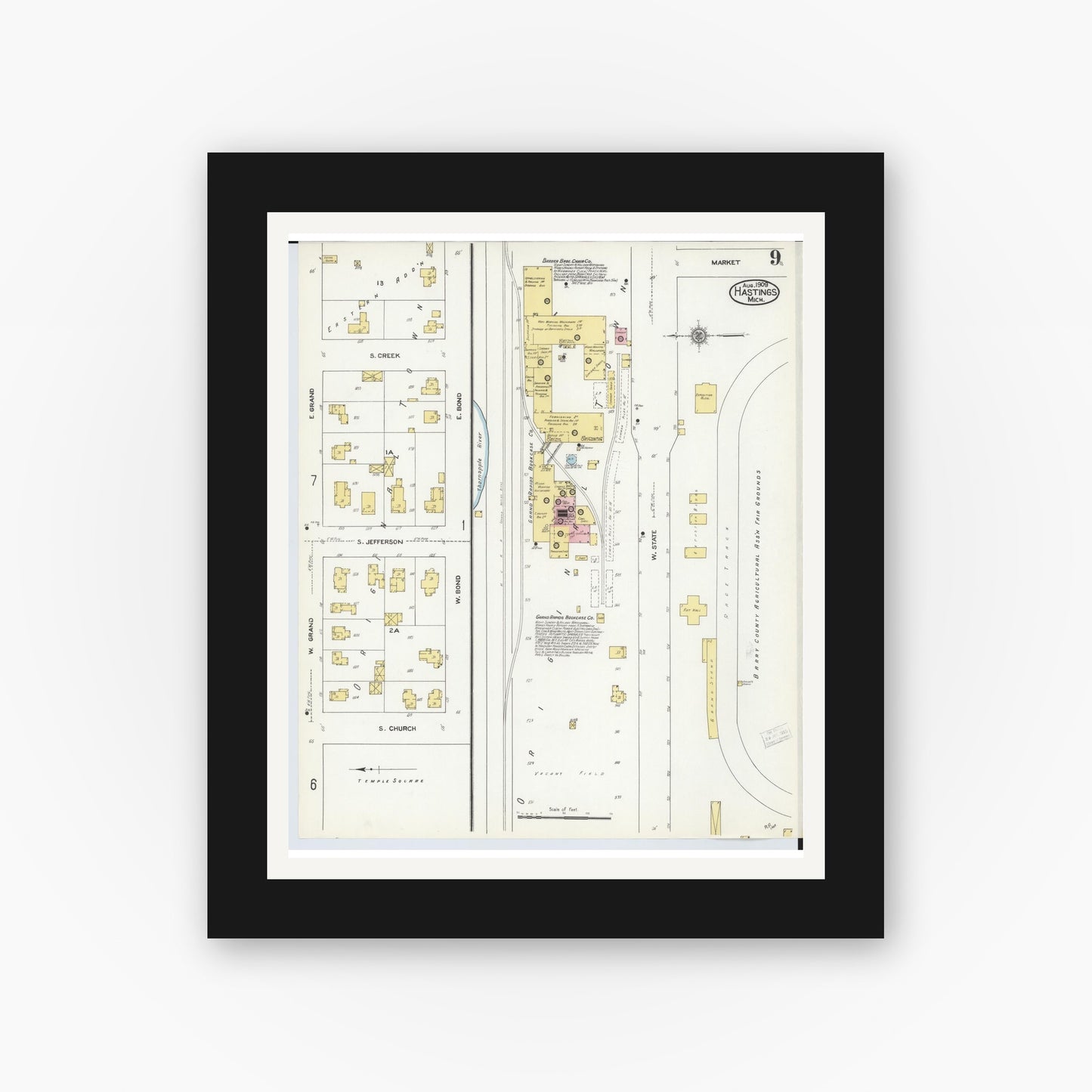 Old map wall art mockup — black gallery frame with white mat — Sanborn Fire Insurance Map from Hastings, Barry County, Michigan (1909), Sheet #0009