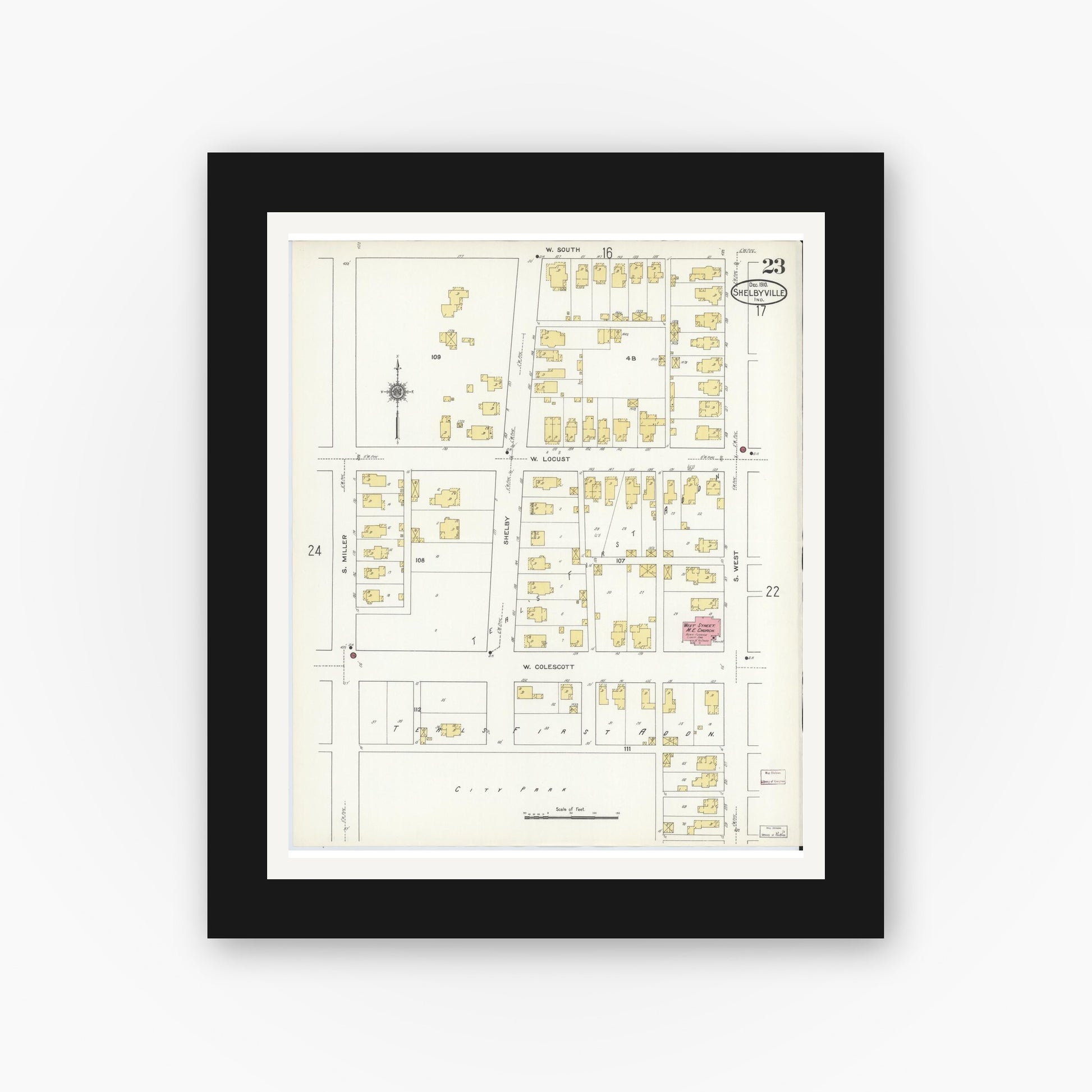 Old map wall art mockup — black gallery frame with white mat — Sanborn Fire Insurance Map from Shelbyville, Shelby County, Indiana (1910), Sheet #0023