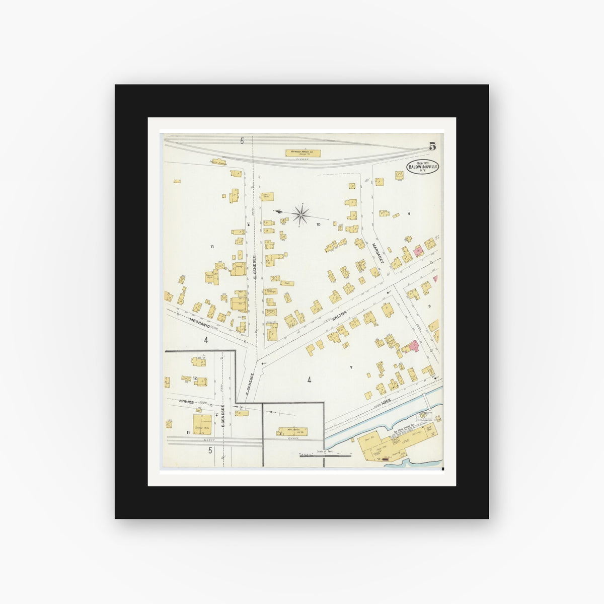 Old map wall art mockup — black gallery frame with white mat — Sanborn Fire Insurance Map from Baldwinsville, Onondaga County, New York (1906), Sheet #0005