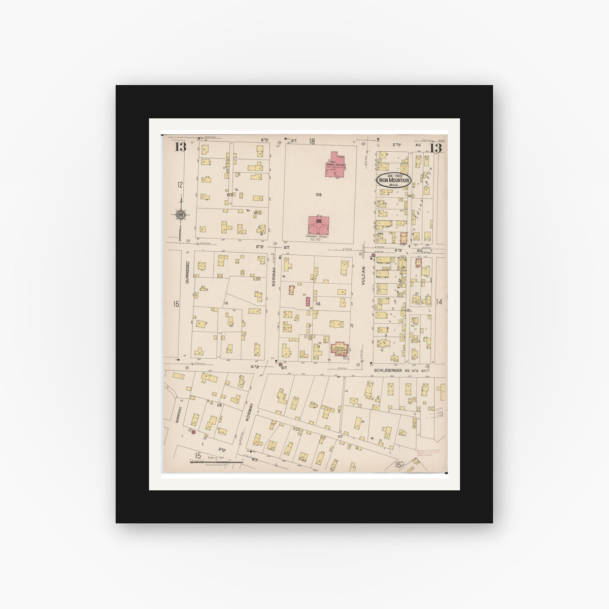 Old map wall art mockup — black gallery frame with white mat — Sanborn Fire Insurance Map from Iron Mountain, Dickinson County, Michigan (1923), Sheet #0013