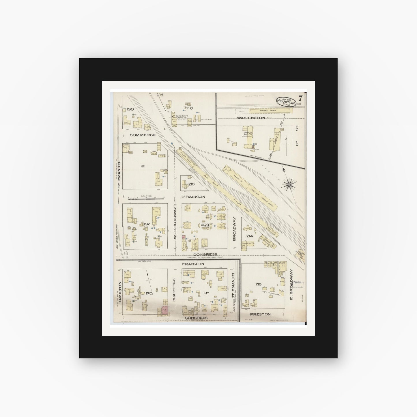 Old map wall art mockup — black gallery frame with white mat — Sanborn Fire Insurance Map from Houston, Harris County, Texas (1885), Sheet #0007