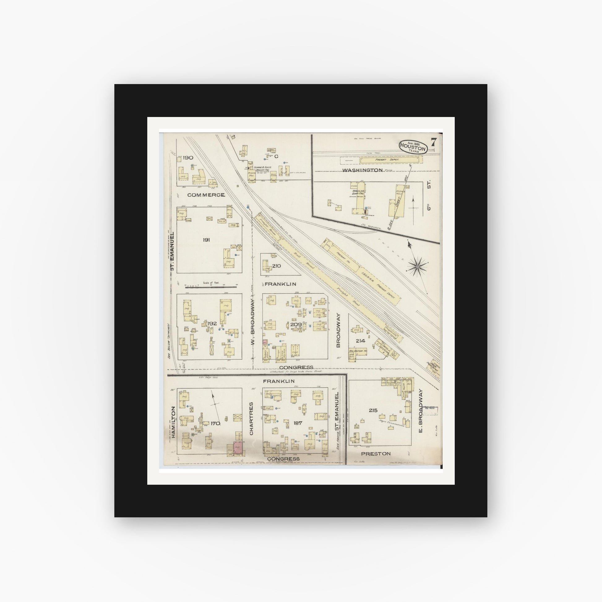 Old map wall art mockup — black gallery frame with white mat — Sanborn Fire Insurance Map from Houston, Harris County, Texas (1885), Sheet #0007