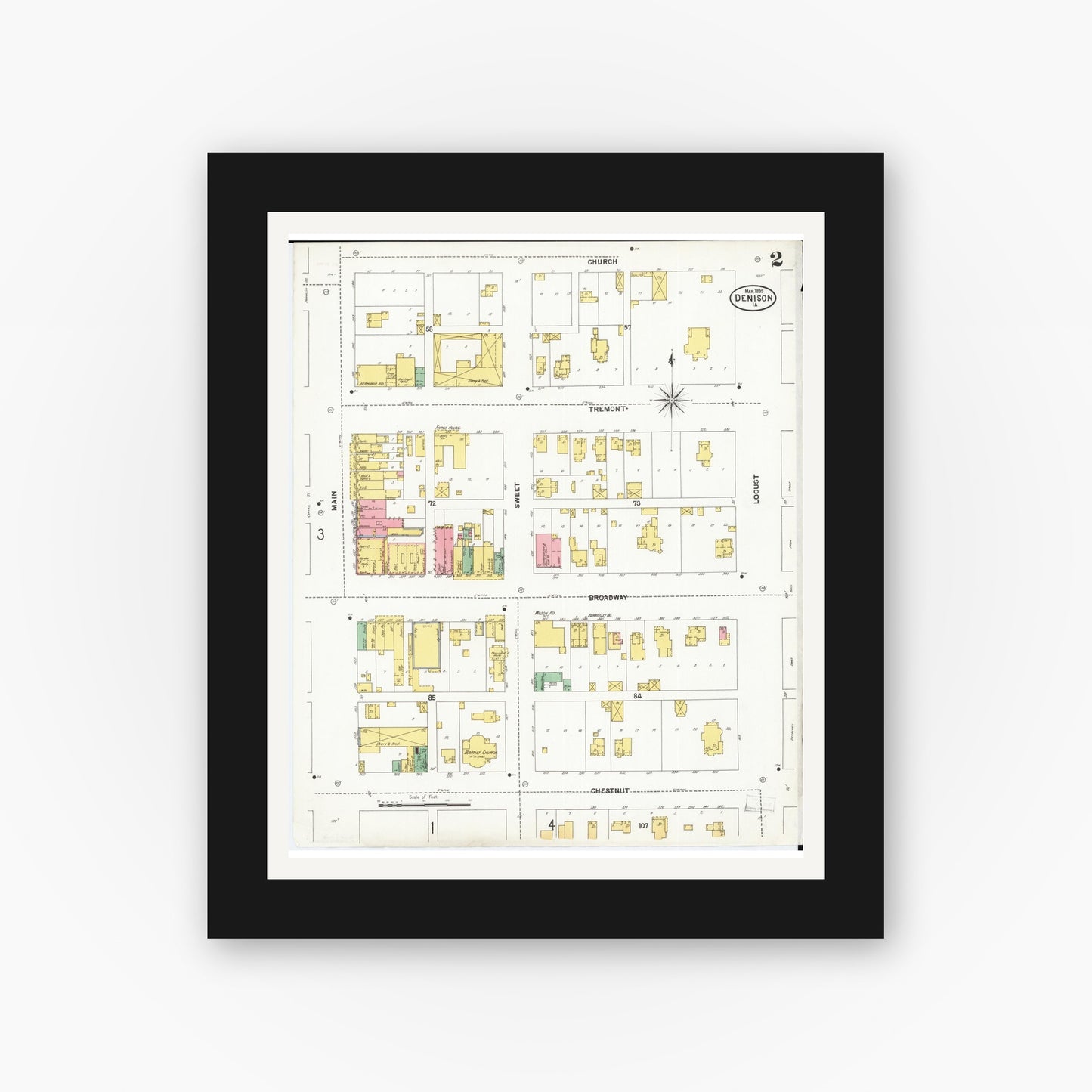 Old map wall art mockup — black gallery frame with white mat — Sanborn Fire Insurance Map from Denison, Crawford County, Iowa (1899), Sheet #0002